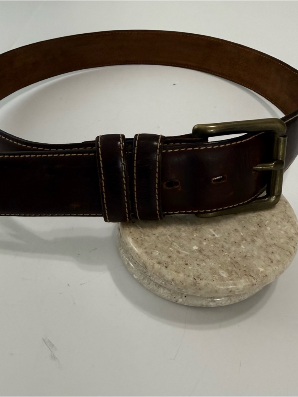 Men's Classic Dark Brown Leather Belt with Brass Buckle